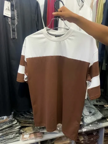 Premium Chest Contrast Drop Shoulder t-shirt | White/Chocolate