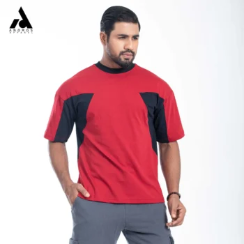Premium Triangle Contrast Drop Shoulder t-shirt | Red