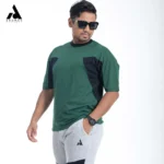 Premium Triangle Contrast Drop Shoulder t-shirt | Bottle Green