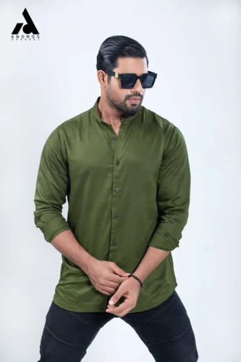 Unisex Olive Band Collar Shirt | Mandarin Collar