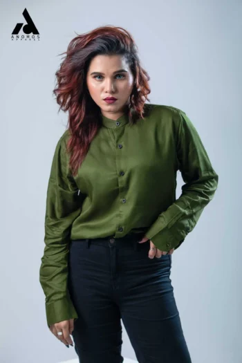 Unisex Olive Band Collar Shirt | Mandarin Collar