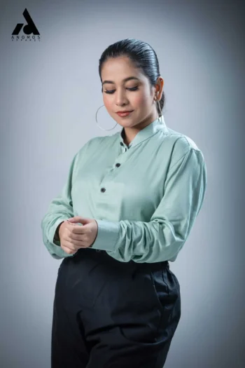 Unisex Cyan Band Collar Shirt | Mandarin Collar