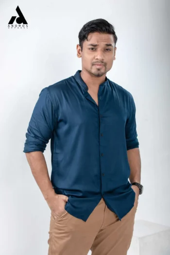 Unisex Dark Navy Blue Band Collar Shirt | Mandarin Collar