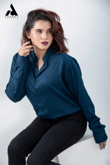 Unisex Dark Navy  Blue Band Collar Shirt | Mandarin Collar