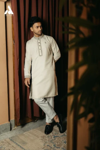 Luxury Fabric Embroidery Panjabi - Ivory