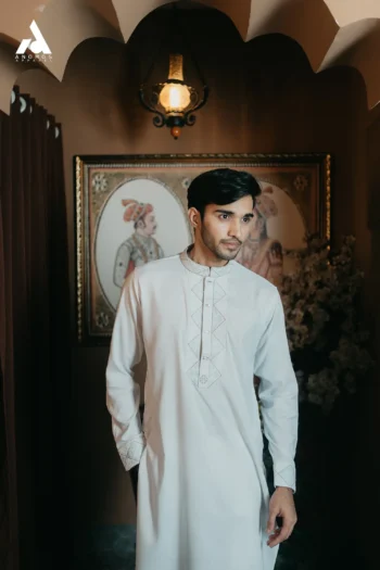 Luxury Texture Fabric Embroidery Panjabi - White