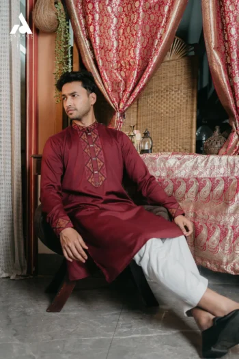 Luxury Fabric Embroidery Panjabi - Maroon