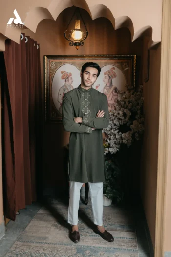 Luxury Texture Fabric Embroidery Panjabi - Dark Olive