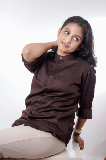 Unisex Dark Chocolate Band Collar Shirt | Mandarin Collar