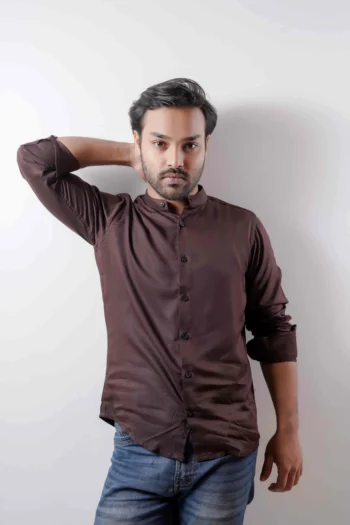 Unisex Dark Chocolate Band Collar Shirt | Mandarin Collar