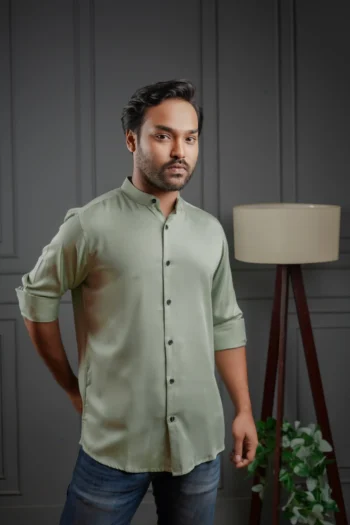 Unisex Light Lime Band Collar Shirt | Mandarin Collar