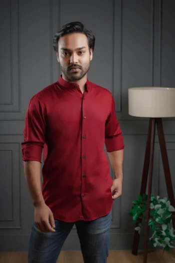 Unisex Red Wine Band Collar Shirt | Mandarin Collar