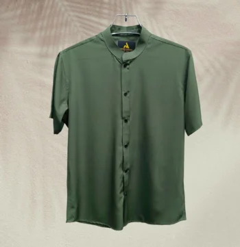 Premium Half Sleeve Band Collar China Fabric Shirt - Olive