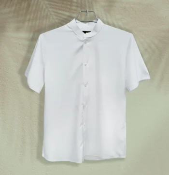 Premium Half Sleeve Band Collar China Fabric Shirt- White