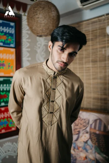 Luxury Fabric Embroidery Panjabi - Biscuit